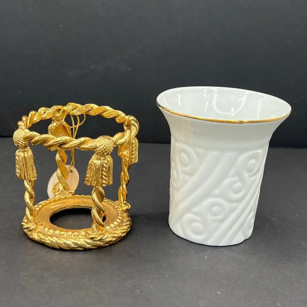 Stylebuilt Gold Plated Ormolu Porcelain Tassel Soap Dish and Toothbrush Holder